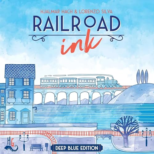 Horrible Guild Railroad Ink: Deep Blue Edition - Roll Dice and Draw Railways and Routes, 7 Rounds to Expand Your Rail Map - Expansion Dice Included Ages 8 & Up (Packaging may vary) - Fiveboyz
