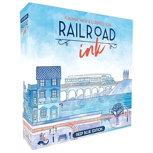 Horrible Guild Railroad Ink: Deep Blue Edition - Roll Dice and Draw Railways and Routes, 7 Rounds to Expand Your Rail Map - Expansion Dice Included Ages 8 & Up (Packaging may vary) - Fiveboyz