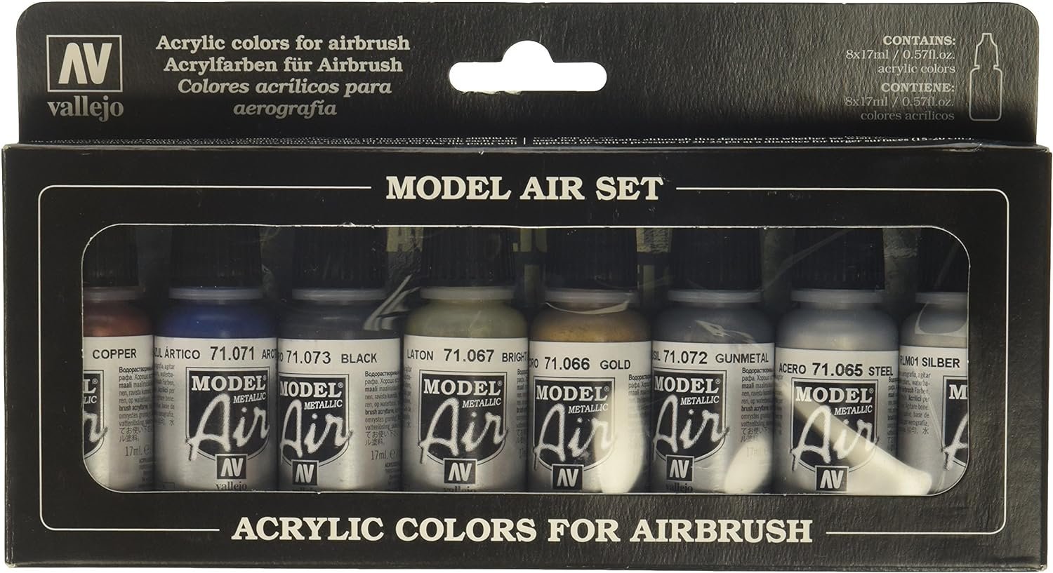 Acrylicos Vallejo Metallic Colors Model Air Paint Set, 1/2 Fl. Oz. Bottles, 8 Colors