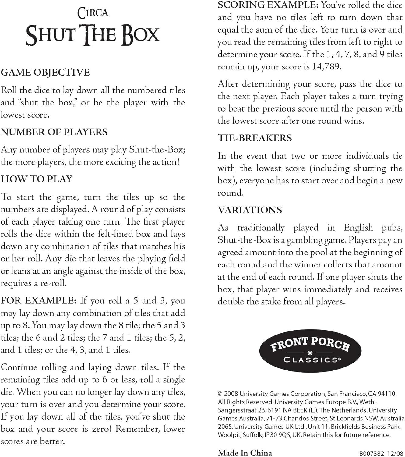 Front Porch Classics Circa Shut-the-Box, Wooden 9 Number Dice Game with Case for Travel, for Adults and Kids Ages 8 and Up